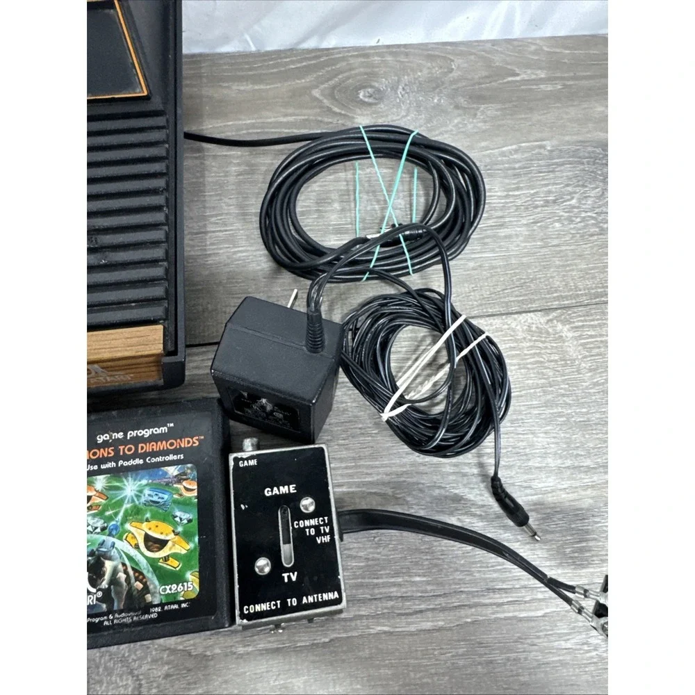 Atari 2600 4-Switch Woodgrain Console Bundle w/ 2 Joysticks, 4 Games Working
